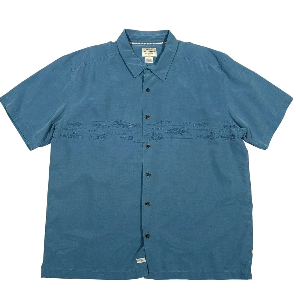 Quiksilver Waterman Shirt Mens XXL‎ Embroidered Blue Water Fish Short Sleeve